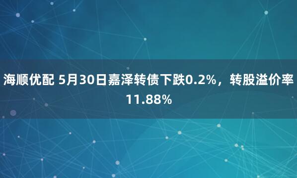 海顺优配 5月30日嘉泽转债下跌0.2%，转股溢价率11.88%